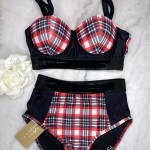 Red Plaid Bustier High Waisted Bikini S